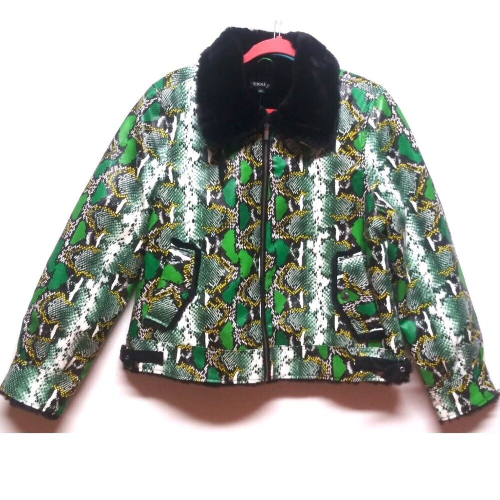 NEW MOD-X Bomber Jacket SNAKE REPTILE PRINT Womens XL Green black FAUX FUR LINED